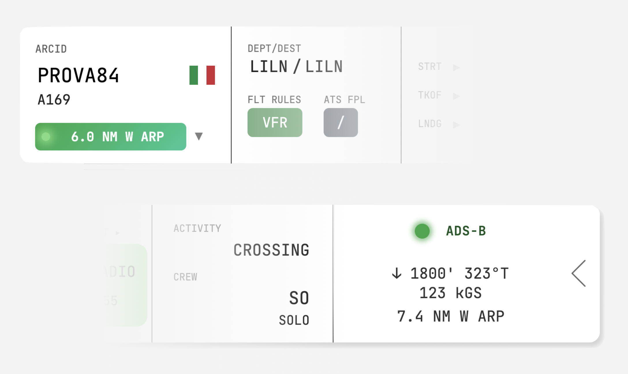 Strip con dati ADS-B live: quota, velocit&agrave;, distanza NM